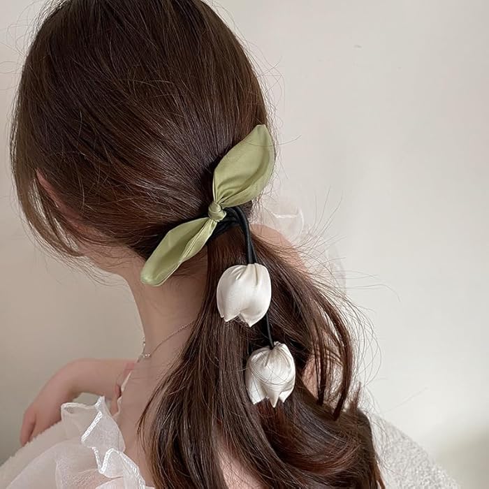 TUCEWP Flower Hair Ties for Women Girls Tassel Ribbon Tulip Elastic Hair Band for Thick Hair White Elegant Floral Hair Scrunchies Soft Cute Stretchy Hair Rope Ponytail Holders Sweet Hair Accessories - Image 2